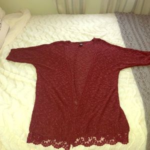 SOLD. Red knit and lace sweater cardigan